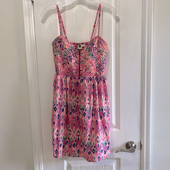 Roxy Neon Pink & multi colored patterned dress w front zip & spaghetti straps - Picture 2 of 12